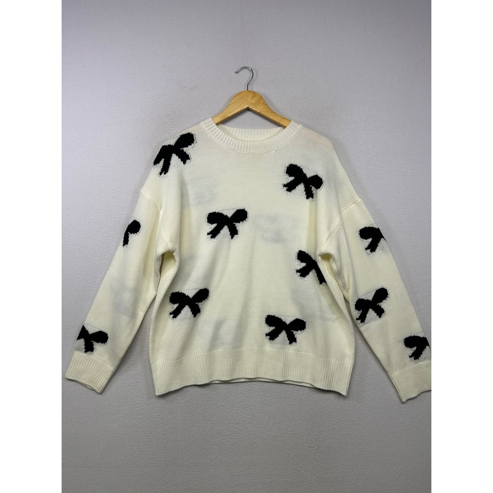 Coquette Balletcore Soft Girl Cute Women L Cream Black Bow Pattern Knit Sweater